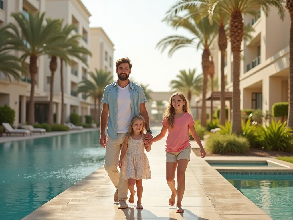 Family with two children walking by a pool in a sunny resort, surrounded by palm trees and buildings.