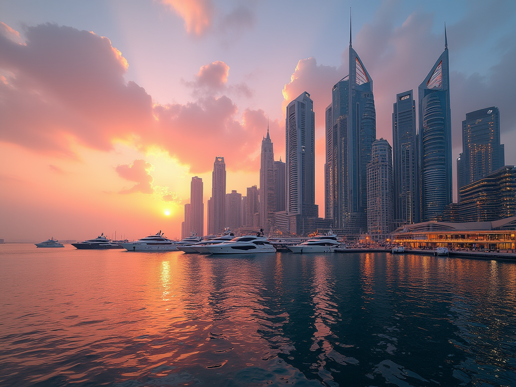 Sunset over Dubai Marina with skyscrapers and luxury yachts reflected in the water.