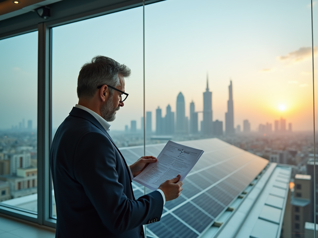 Man in suit reviews documents with city skyline and sunset in background.