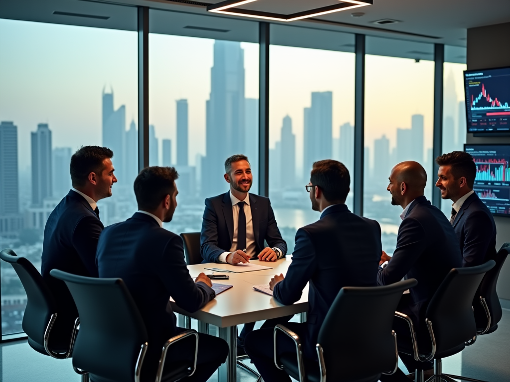 Group of six businessmen having a meeting in a modern office with city skyline in the background.