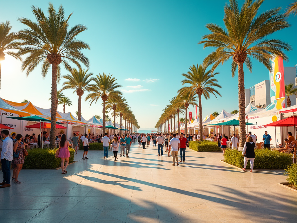 Sunny street festival with people walking between rows of palm trees and colorful booths.