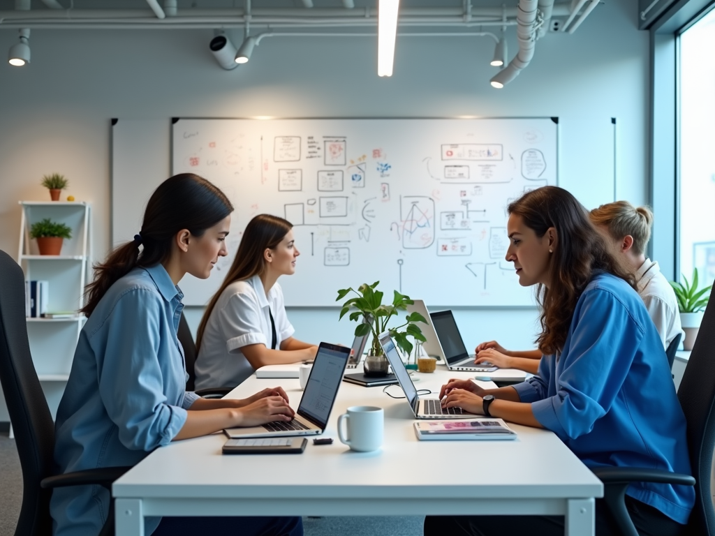 Four women focused on laptops in a modern office with brainstorming diagrams in the background.