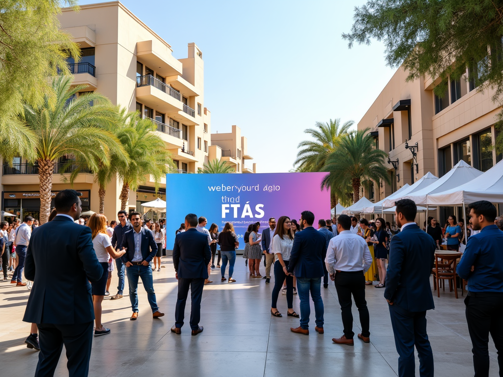 Business professionals networking outdoors at a corporate event with tents and a building in the background.