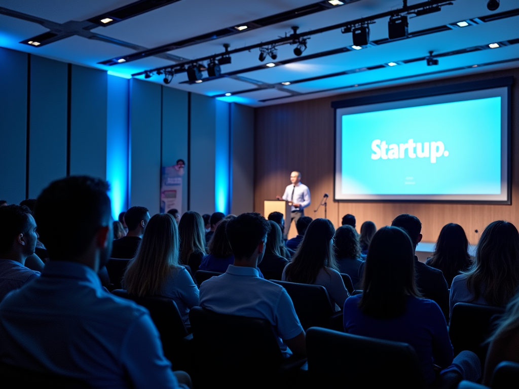 Audience at a startup conference listening to a speaker with "Startup." displayed on the screen.