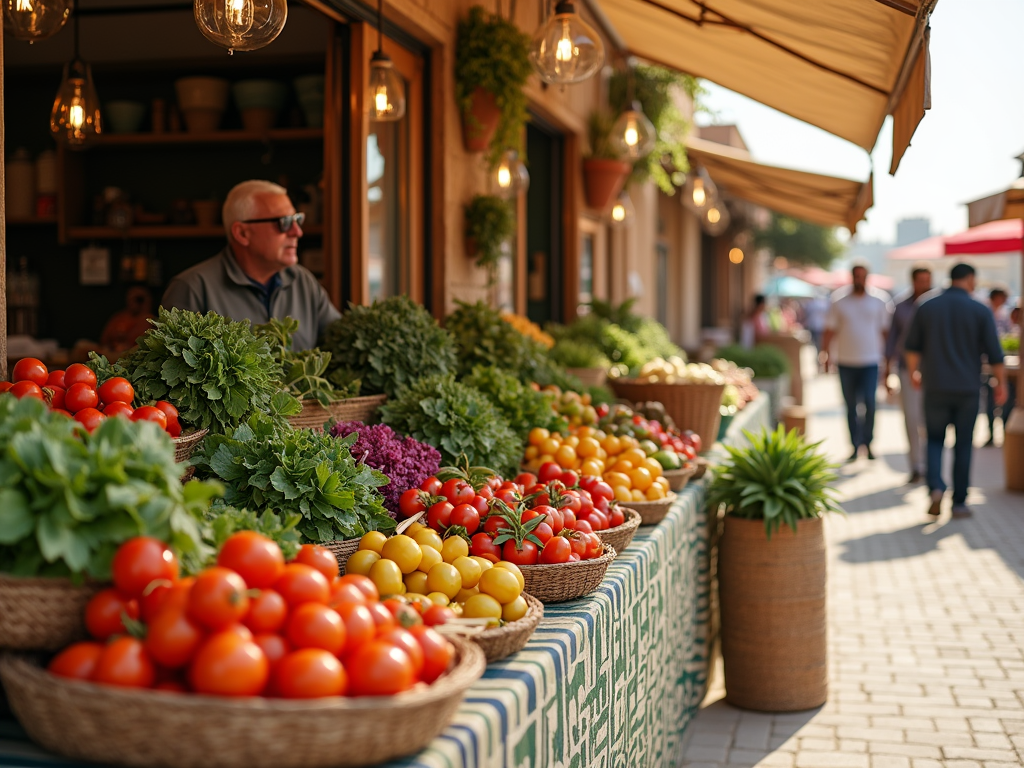 Outdoor market scene with fresh vegetables on display and people walking in the background.