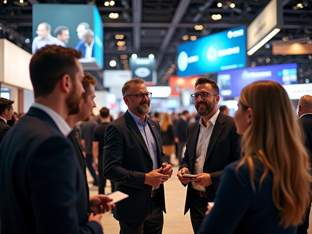 Professionals networking at a busy trade show with digital displays in the background.