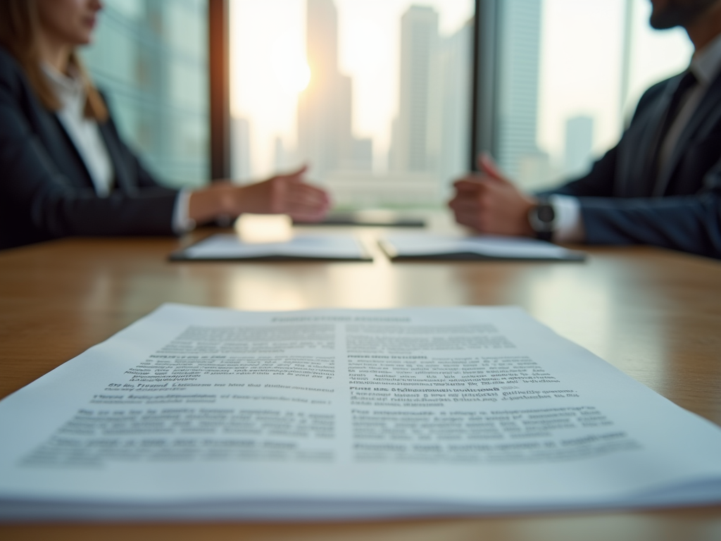 Two business professionals discussing a document at a table with a blurry city skyline in the background.