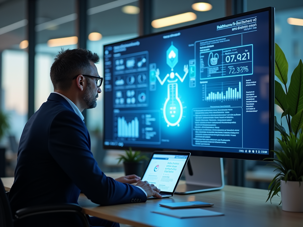 Businessman analyzing digital data on large screen and laptop in a modern office at night.