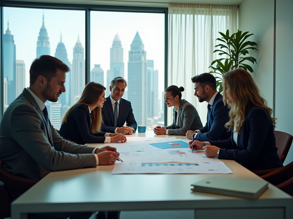 Business professionals discussing around a table in a high-rise office with city skyline views.