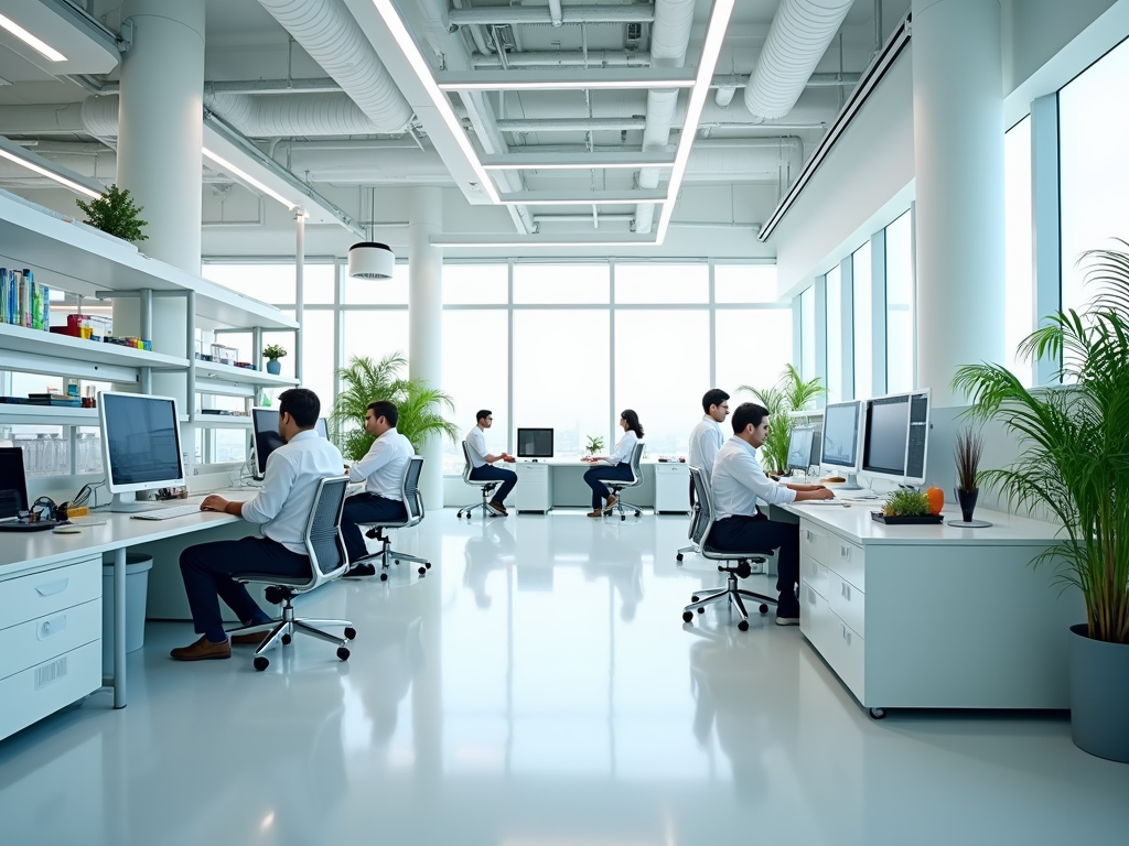 Modern office with employees working at computers in a bright, open space.