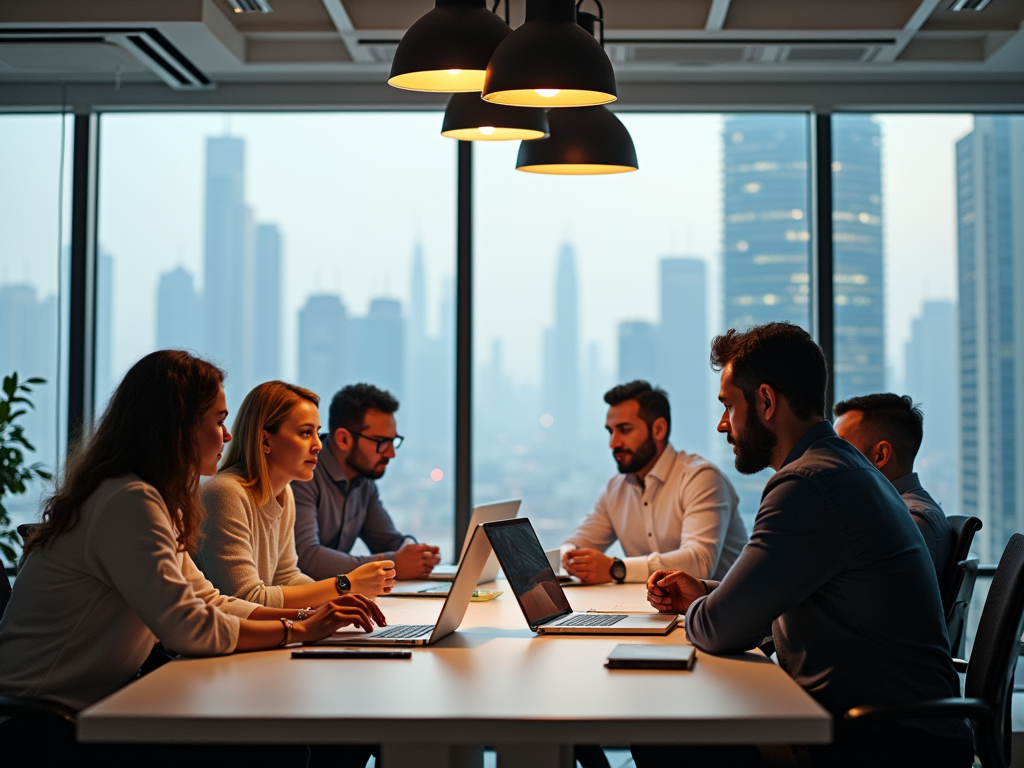 Corporate team meets at a conference table with a city skyline background.