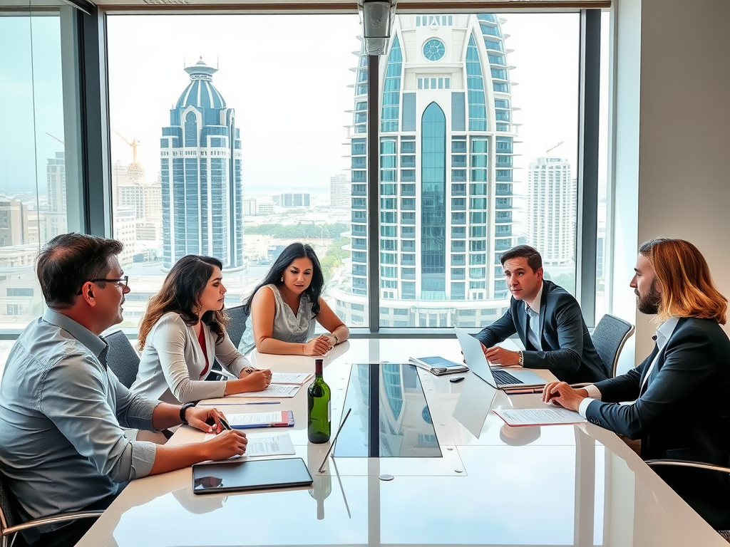 A business meeting in a modern office with a city skyline view, featuring five professionals discussing around a table.