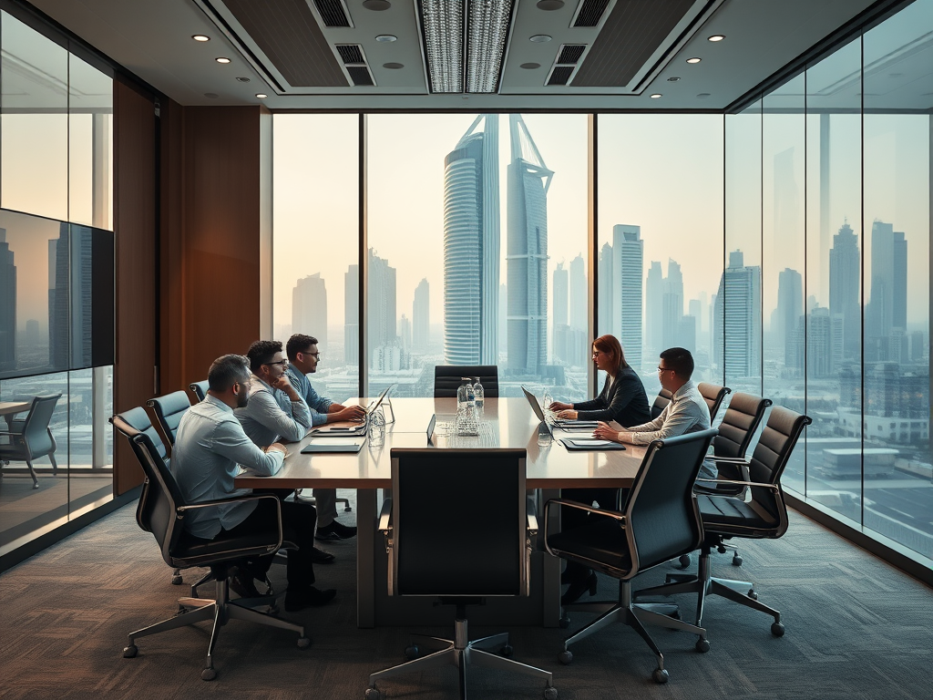 A modern conference room with six people discussing, overlooking a city skyline at dusk through large windows.