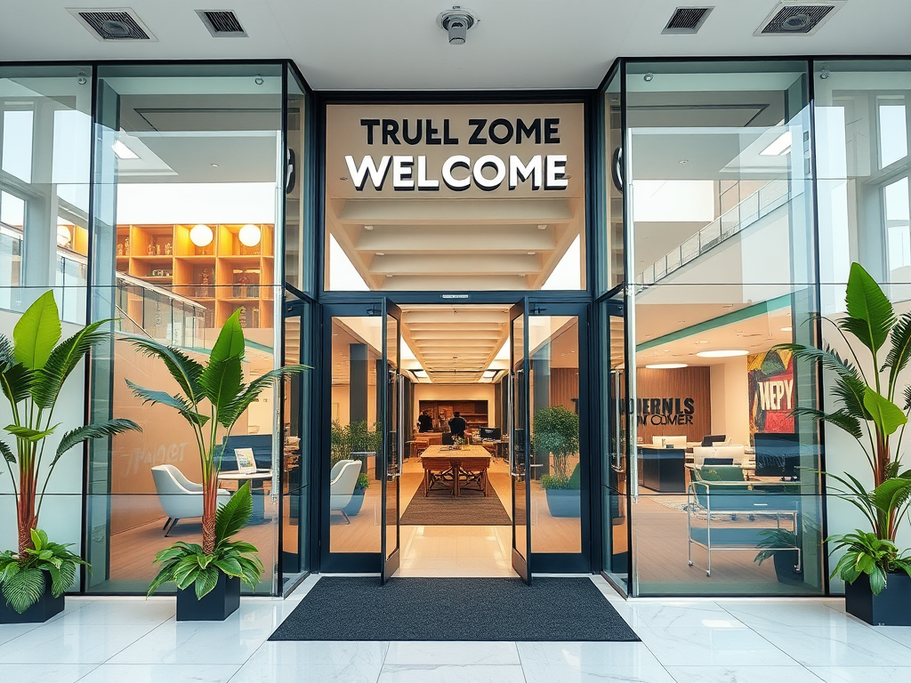 A modern entrance with glass doors, welcoming sign, and greenery, showcasing a stylish interior.