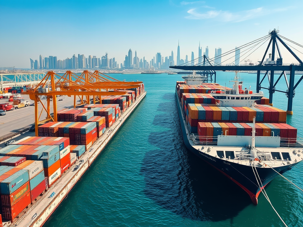 A cargo ship is docked next to a port filled with colorful shipping containers, with a city skyline in the background.