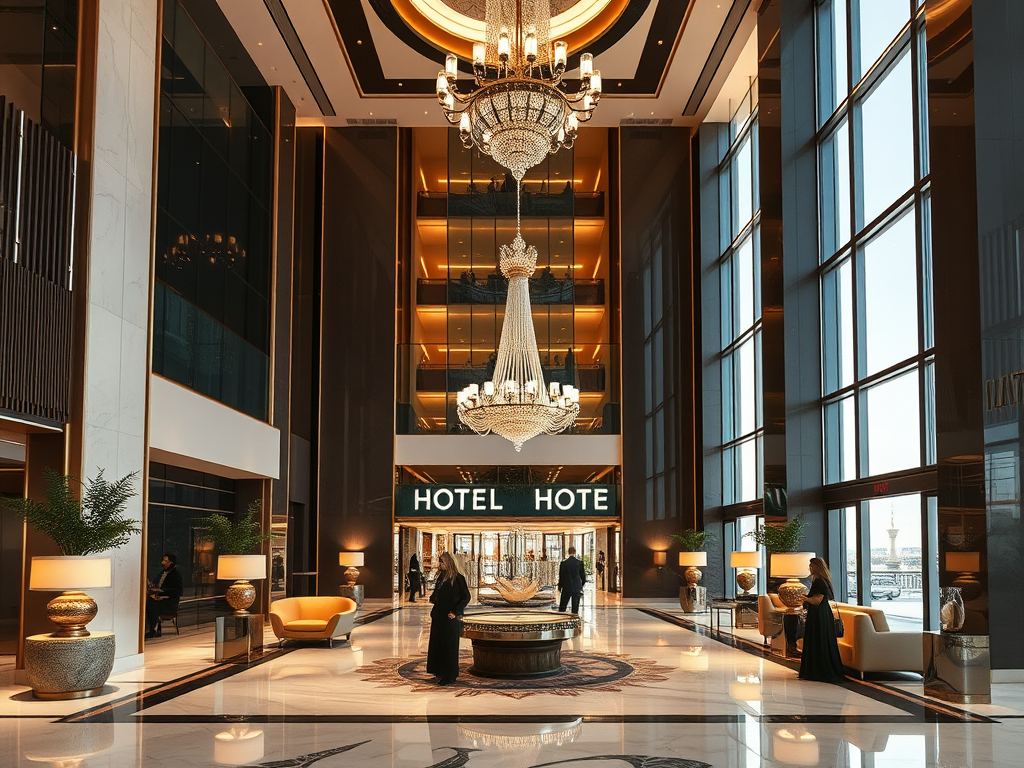 A luxurious hotel lobby with chandeliers, elegant furniture, and large windows, creating a welcoming atmosphere.