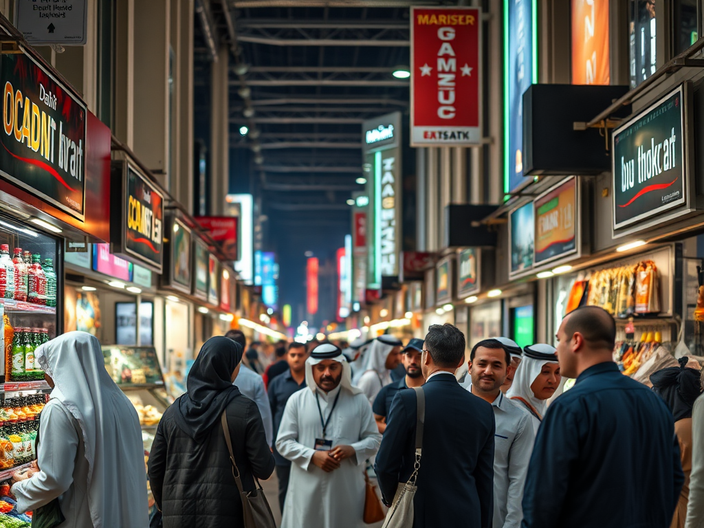 A bustling market with people in traditional attire, colorful signs, and various food stalls lining the aisles.