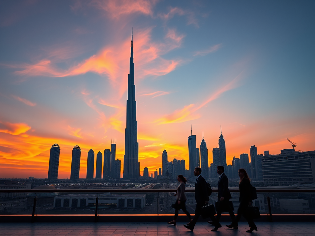 Silhouettes of people walking against a vibrant sunset with the Burj Khalifa towering in the background.