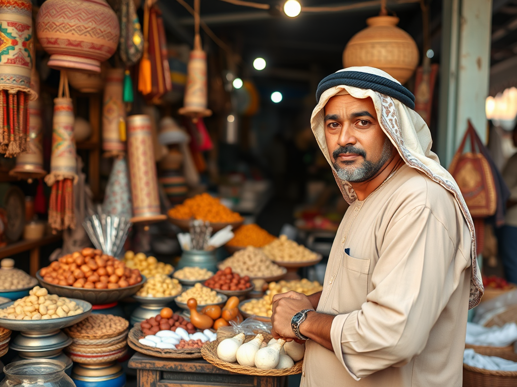 A man in traditional attire stands at a market stall filled with various nuts and sweets, surrounded by decorative items.