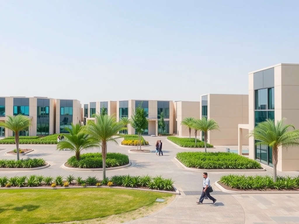 A modern campus with palm trees, pathways, and buildings in a sunny environment, featuring people walking.