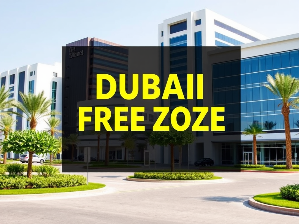 A modern office building in Dubai with palm trees, featuring bold text that reads "DUBAI FREE ZONE."