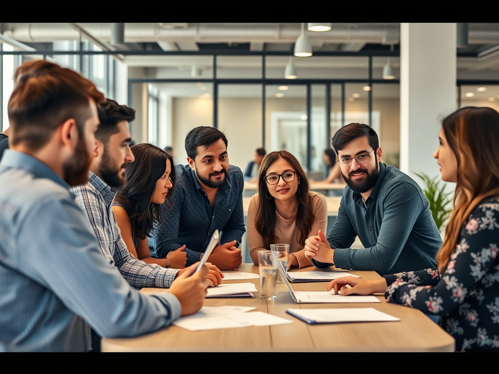 A group of seven people engaged in discussion at a conference table in a modern office setting.