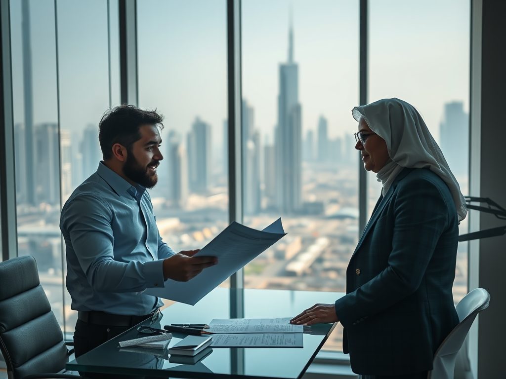 Two professionals discuss documents in a modern office with a city skyline visible through large windows.